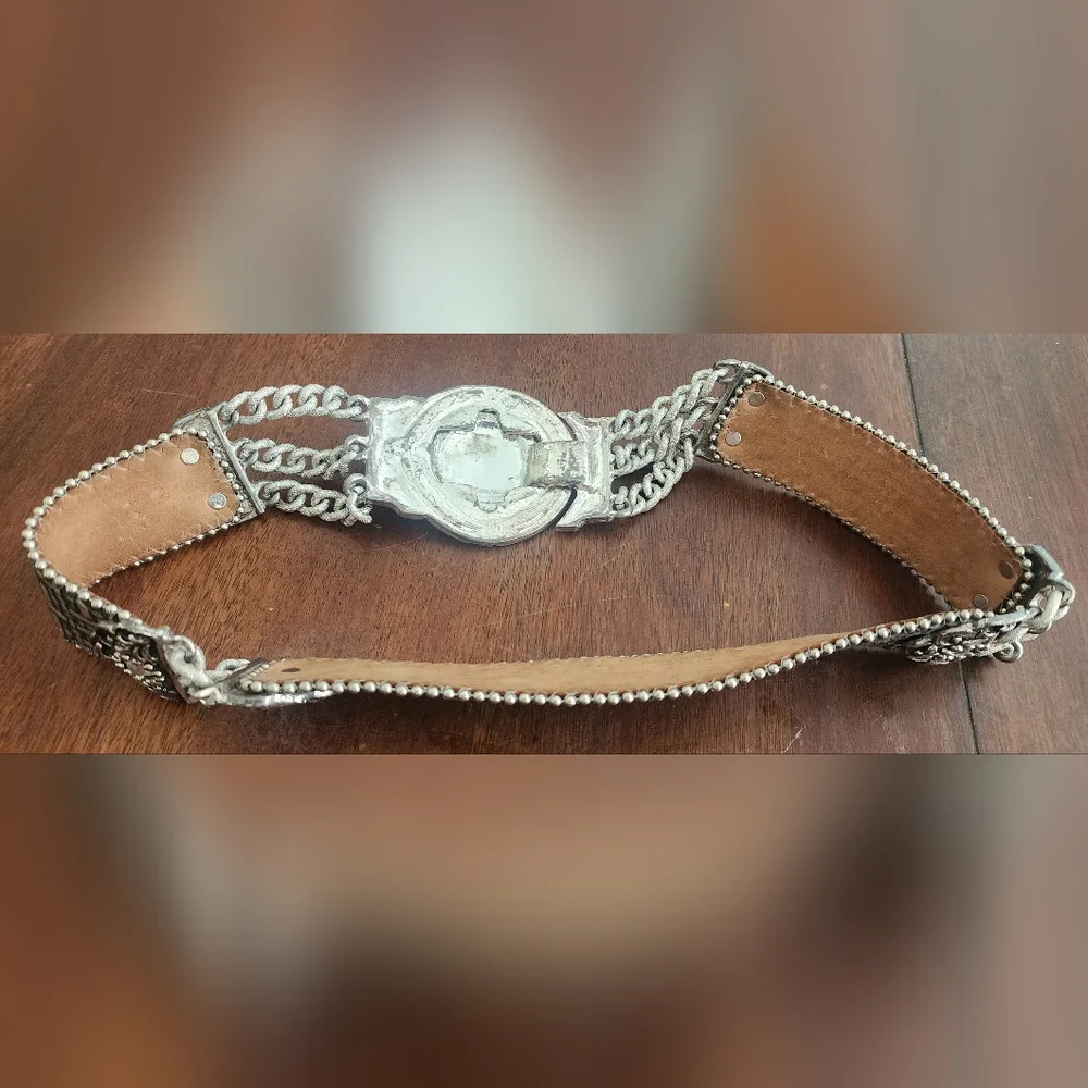 Vintage BB Simon Silver Metal And Leather‎ Belt Crystals And Chains